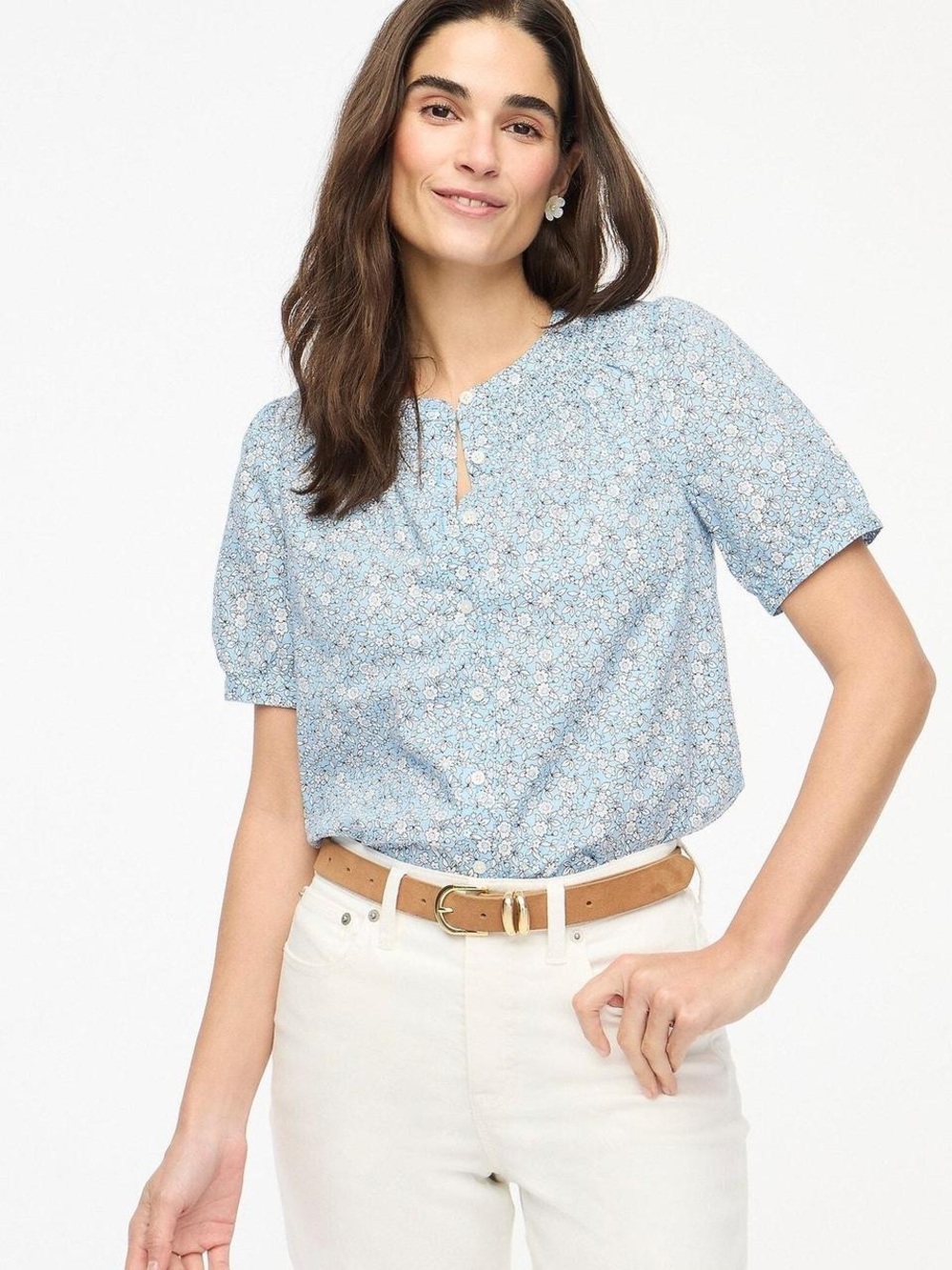 J. Crew Floral linen Short Sleeve Button-Up Blouse Blue size small